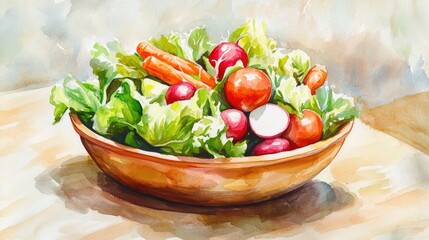 Fresh Classic Vegetable Salad with Greens and Radishes