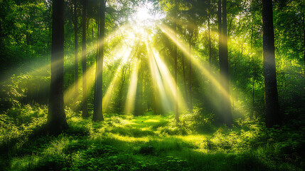 A lush green forest with tall trees and sunlight filtering through the leaves, creating dappled light on the ground