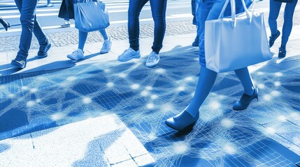 Footsteps of Modern Connectivity: People Walking Across a Digitally Enhanced City Street Representing Network Connectivity and Modern Technology in Urban Areas
