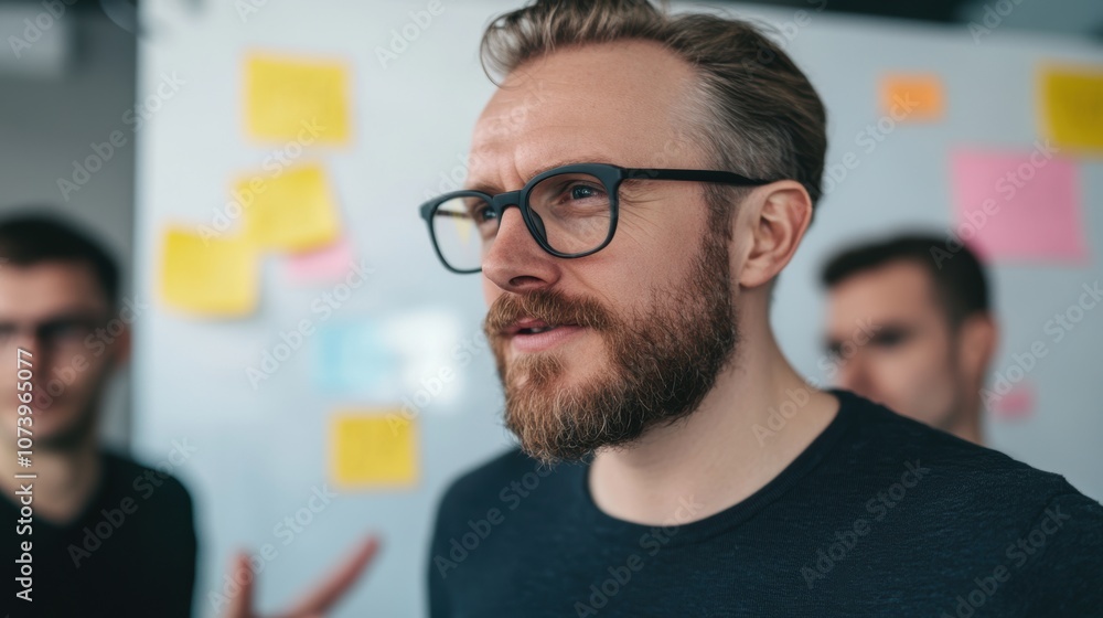 Poster close-up of a bearded man in glasses leading a brainstorming session with colleagues in the backgrou