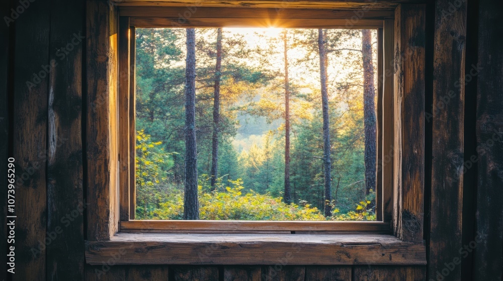 Aufkleber golden sunlight illuminates a peaceful forest view through a rustic wooden window, inviting tranquil