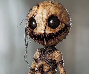 A jump scare character with a scary yet humorous smile made of sharp teeth with black eyes. A cartoon mummy root vegetable monster, kids character puppet design.