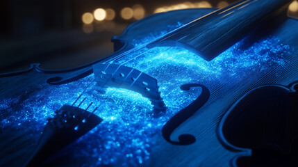 The cello&acirc;s dark wood texture highlighted by a soft, blue cosmic glow, as if absorbing energy from nearby stars