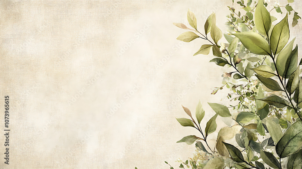 Aufkleber a soft, watercolor-style illustration of green leaves and flowers on the right side bordering an emp