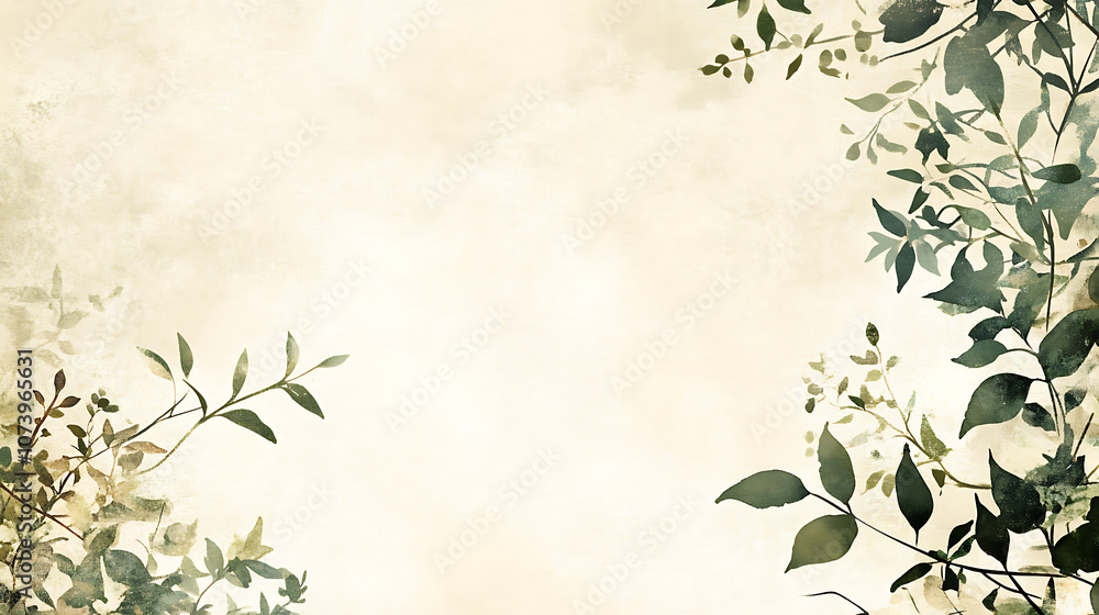 Aufkleber a soft, watercolor-style illustration of green leaves and flowers on the right side bordering an emp