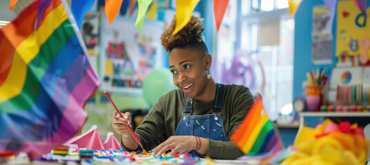 Non-Binary Artist Leads Pride Craft Workshop in Colorful Room with Rainbow Decorations