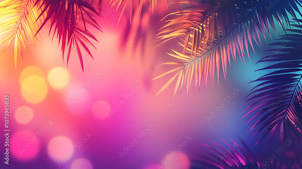 Poster a vibrant holographic image of palm trees swaying in the breeze, with a backdrop of a sunny sky and 