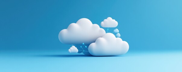 3D white cloud icons with network connections on blue background. Cloud computing and data storage concept.