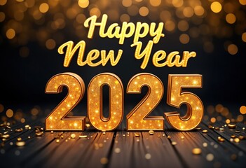 Golden 3D text Happy New Year 2025 on a wooden surface with glittering lights. Festive background for New Year celebration, greeting card, website design.