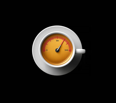 Coffee cup as speedometer concept on black background - Powered by Adobe