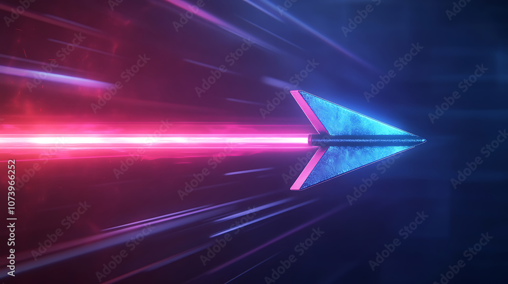 Poster abstract arrow speeding through light with a blue and pink glow, against a futuristic background des