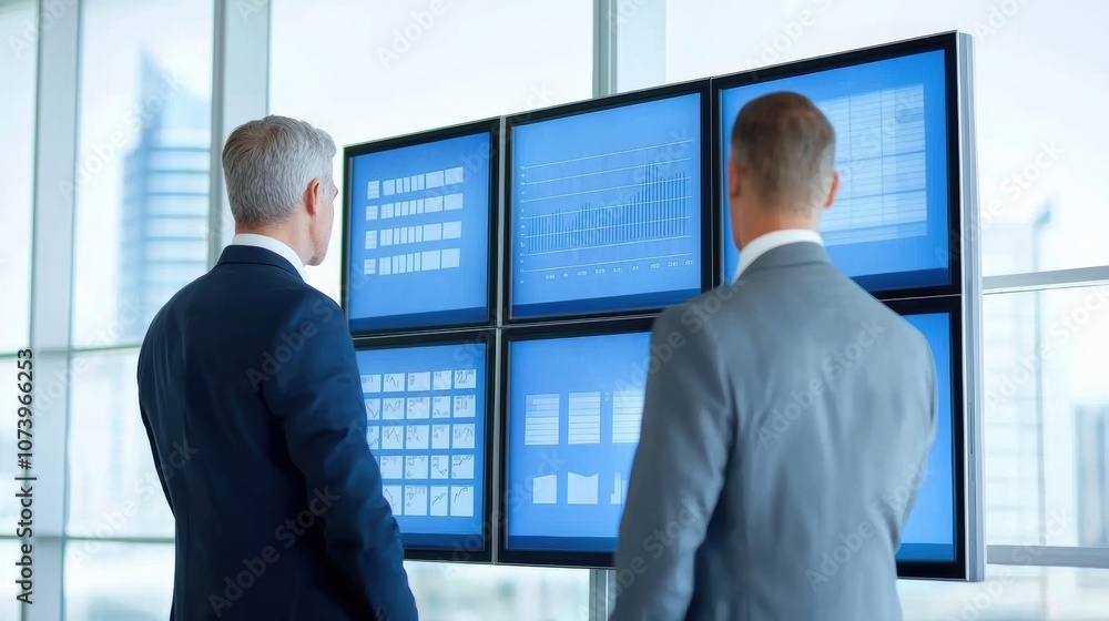 Poster two businessmen analyzing data on multiple monitors in office