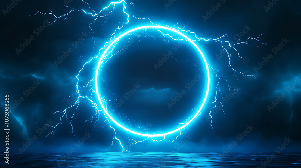 Poster Abstract blue neon light background with a glowing circular frame and thunder glow effect