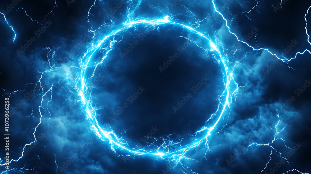 Fototapete abstract blue neon light background with a glowing circular frame and thunder glow effect