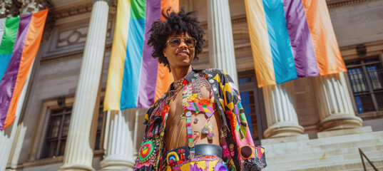 Naklejka premium Empowerment and Self-Expression at a Historic Building with Pride Banners