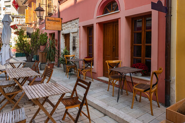 Historic center of old town in Vlore Albania with colorful buildings with shops and restaurants