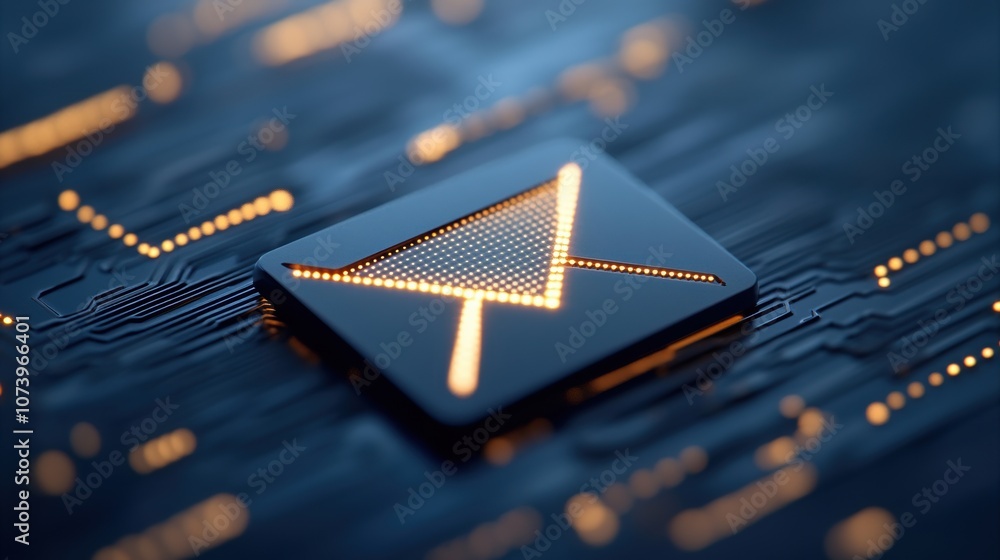 Aufkleber digital envelope icon with glowing led lights on a dark circuit board background. email and technolo