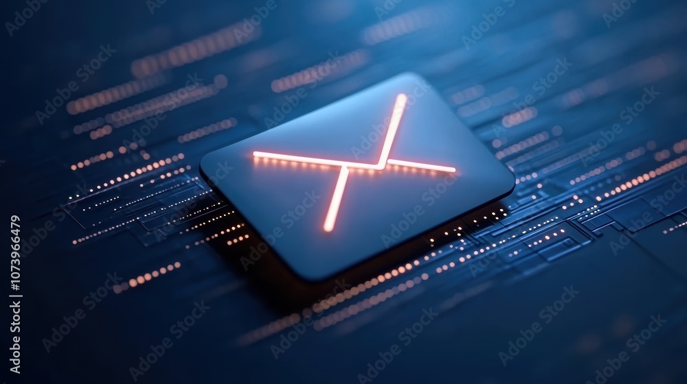 Poster abstract illuminated x symbol on circuit board background.