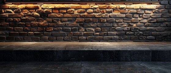 Dark stone platform set against a rugged brick wall with warm, moody lighting highlighting the brick textures. Ideal for rustic or industrial product displays