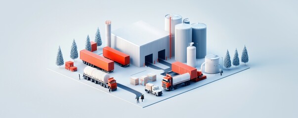 Obraz premium Isometric illustration of a logistics and warehouse facility with trucks and storage tanks on light background.