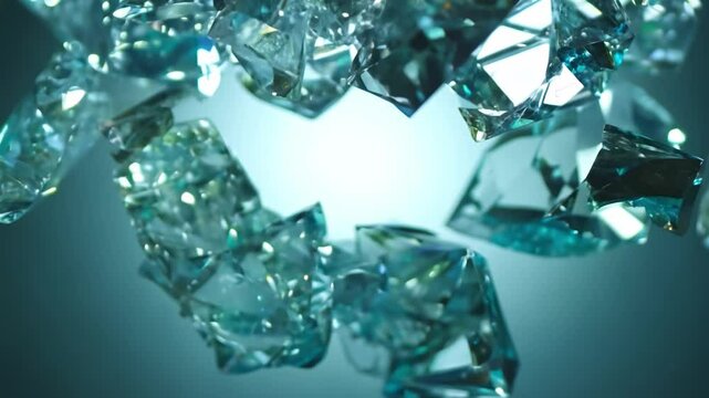 Glass bottle exploding on turquoise background