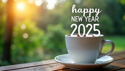White coffee cup with steaming beverage on wooden table. Happy New Year 2025 text on top. Green blurry nature background. New Year celebration, morning.