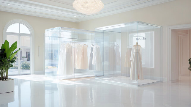 Elegant bridal dresses displayed in modern boutique glass cubes