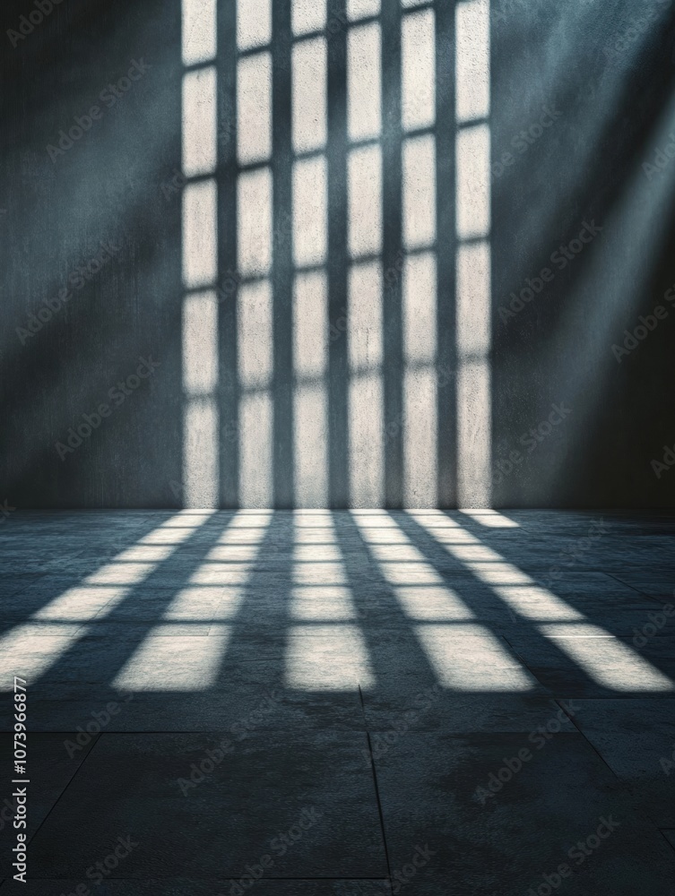 Poster soft beams of morning light stream through shadows, creating a dramatic interplay on the floor of a 
