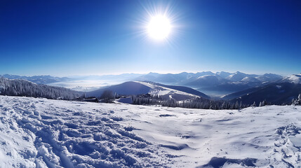 Obraz premium Beautiful panoramic view of the Carpathian mountains with the sun and blue sky, a panorama of the mountain landscape