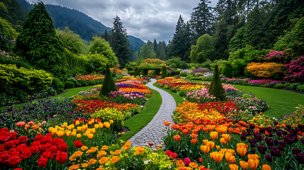 Obraz premium Beautiful flower garden with colorful flowers and lush greenery, surrounded by trees and shrubs path leading to the center of view is lined on both sides with various blooming plants