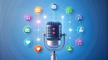 A minimalist design of a podcast microphone connected to floating chat bubbles and icons representing different platforms and listeners