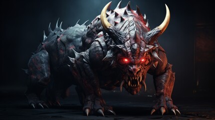 Demonic Creature With Red Eyes and Horns in Dark Setting. Generative AI.