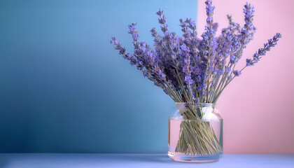 Lavender flowers in a glass vase, isolated on a soft blue and Pink Pastel