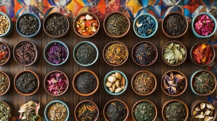 Assortment of Colorful Tea Leaves in Small Bowls