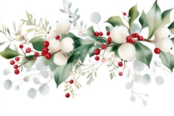 Naklejka premium A minimalistic watercolor clip art of mistletoe with green leaves and red berries on a white background