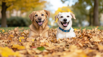 Happy dogs playing in autumn leaves at a park