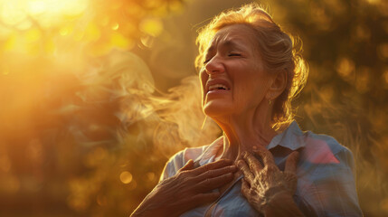 Senior Woman Experiencing Breathlessness in a Sunlit Outdoor Setting for Health Awareness