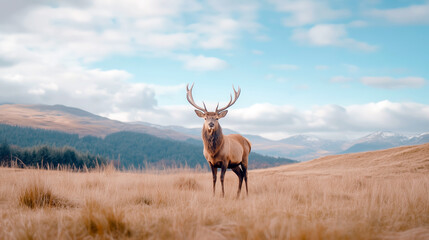 Majestic elk standing in vast open field with stunning mountain views