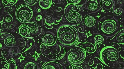 Fototapeta premium Cute charcoal and neon green swirls with stars background