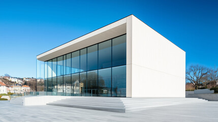 Modern minimalist building with glass facade against clear blue sky