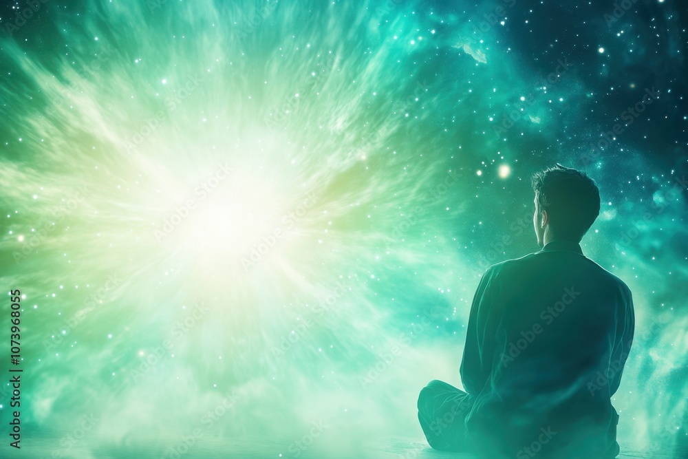 Poster a deep space explorer contemplates the cosmic wonders in a vibrant interstellar backdrop
