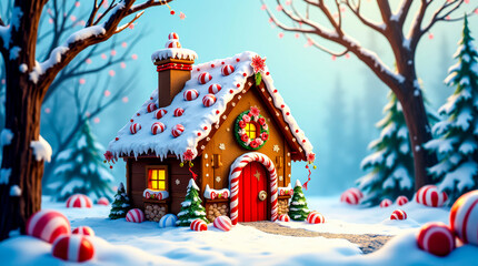 Enchanting gingerbread house illuminated in a snowy forest, surrounded by candy canes and festive decorations. A whimsical holiday scene filled with warmth and magic