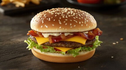 Gourmet Hamburger with Melted Cheese and Fresh Lettuce