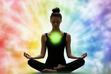 A Woman Channels Cosmic Energy Through Her Chakras, Radiating Light Into the Universe