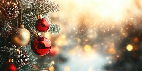 A Christmas tree detail showing red and gold baubles, frosted pinecones, and snow-dusted pine branches against a magical bokeh background with golden lights and falling snow effect. Generative AI.