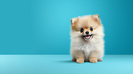 Small Dog Sitting on Top of Blue background. Generative AI.