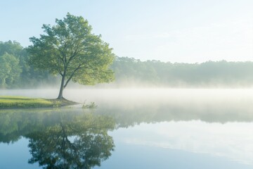 Fog Over a Serene Lake: A still lake reflecting the surrounding fog and a solitary tree on the shoreline. 