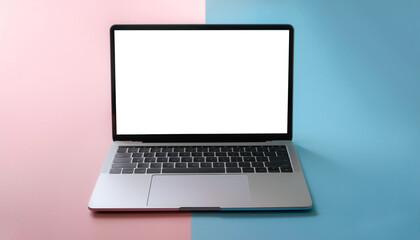 Fototapeta premium Laptop with white screen display mock-up, isolated on a soft blue and Pink Pastel