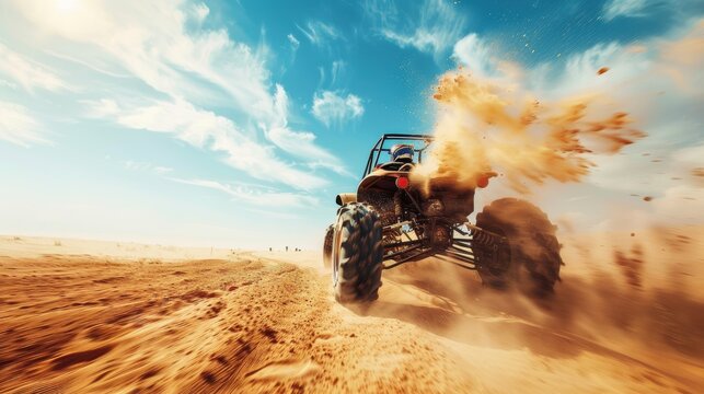 Rugged Electric Quad Bike Racing Through Desert Expanse Under Vibrant Blue Sky