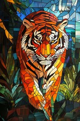 Stunning stained glass artwork of a tiger displaying vibrant colors and intricate designs.